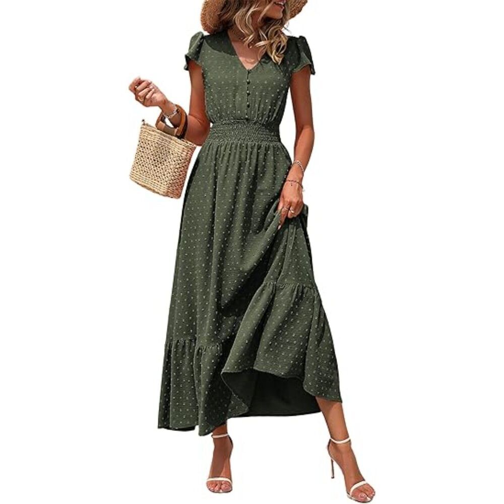 Women's Army Green Polyester Blend  V Neck Short Sleeve A Line Casual Maxi Dress